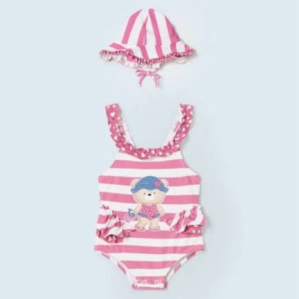 Size 6-9 months Mayoral Pink and White Striped Kids Swim One Piece